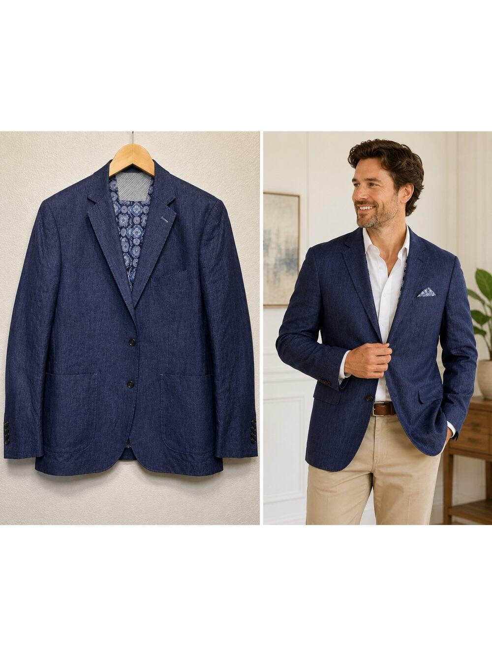 Tailorbyrd Sport Coat Mens 40R Blue Linen Two Button Patch Pockets Casual Preppy